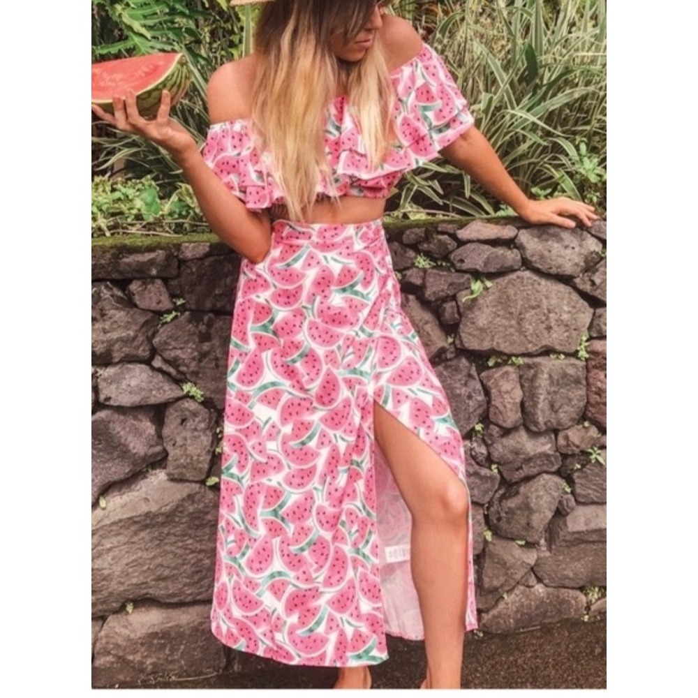 Show Me Your Mumu Watermelon Flirt Skirt XS Pink Fruit Print High Slit Maxi